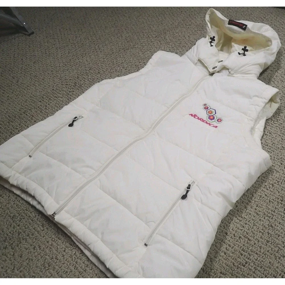 Nordica‎ Puffer Vest Women Large White Excellent Hooded Embroidered Ski Gorpcore